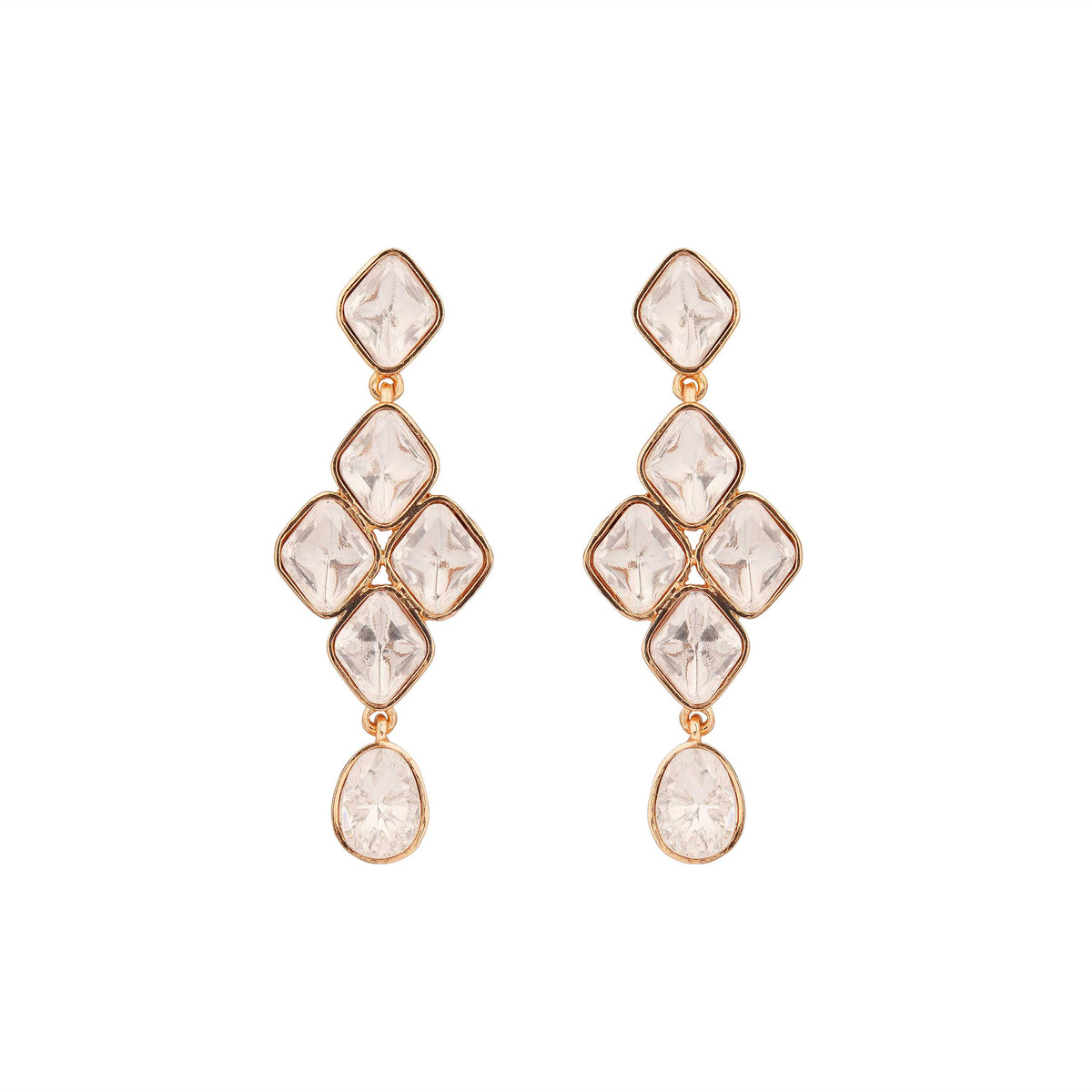 Rangrez gold finish stone drop earrings front view with clear stones