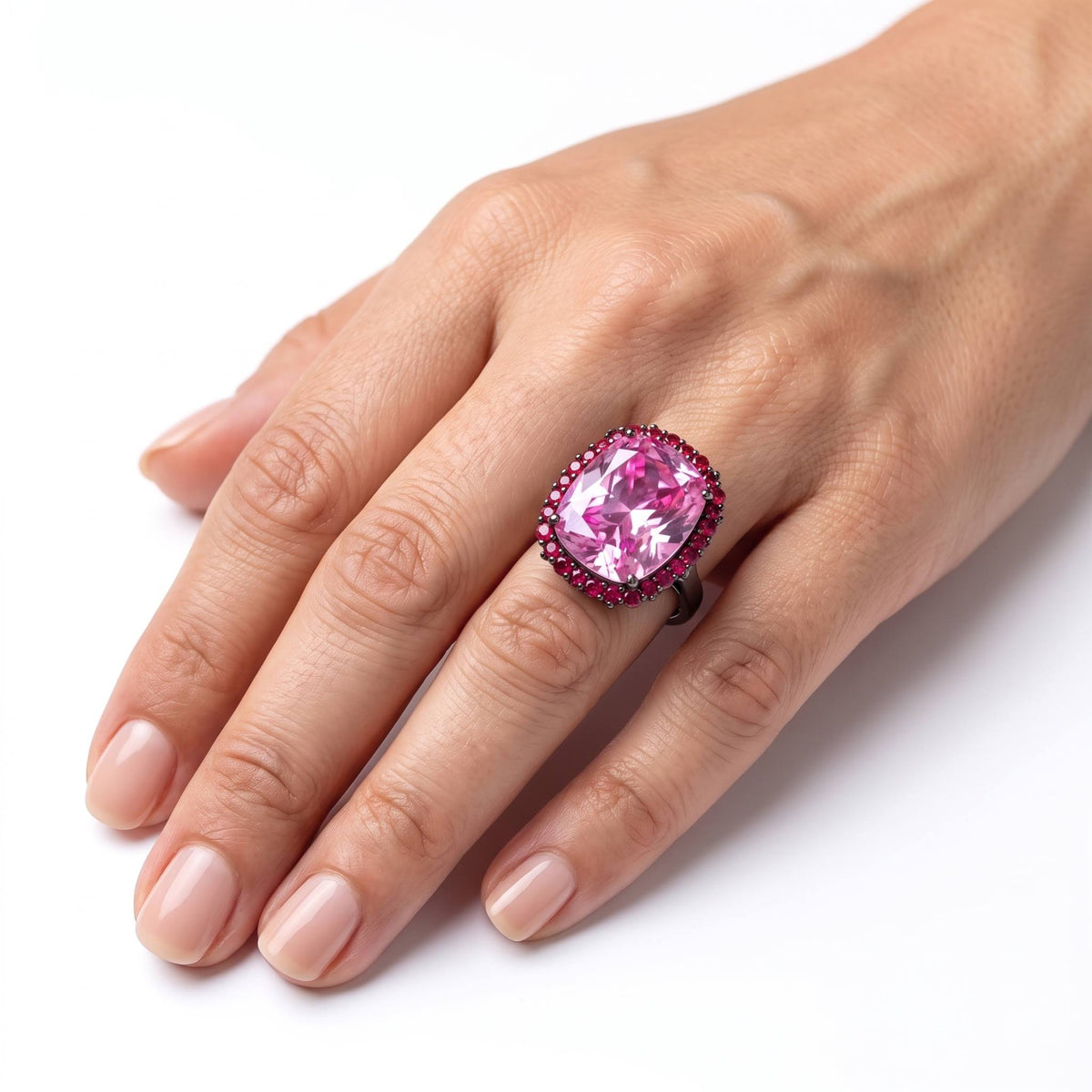 Pink cushion halo cocktail ring for women - RANGREZ (view 4)