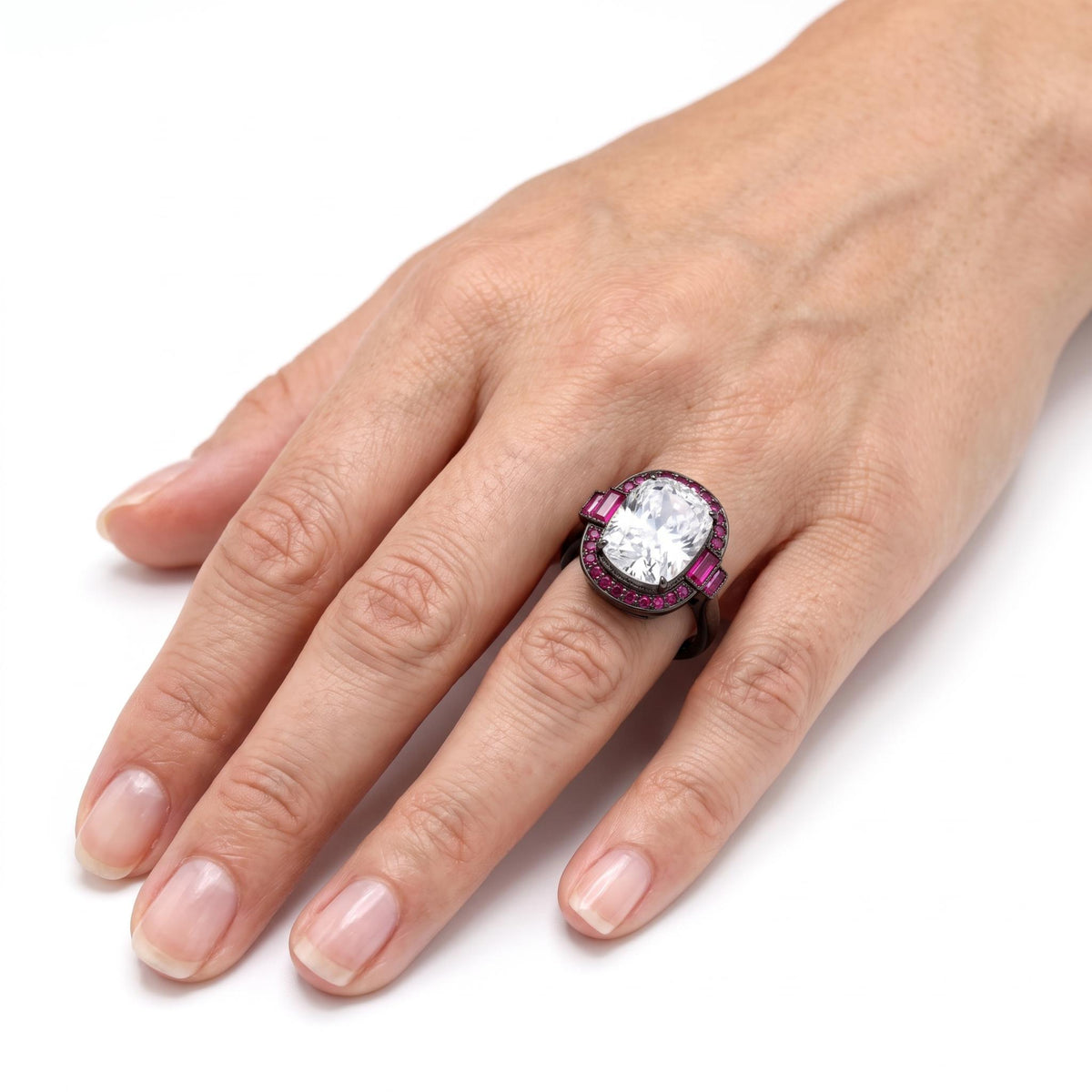 Cadence White Crystal Oval Cocktail Ring with Ruby Halo, Black Rhodium finish