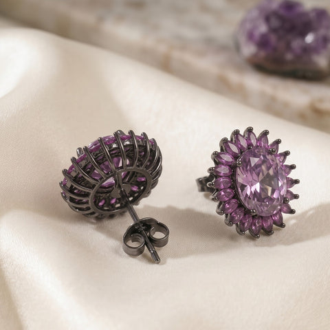 Valeria Pink & Magenta Crystal Oval Halo Stud Earrings, Black Rhodium finish