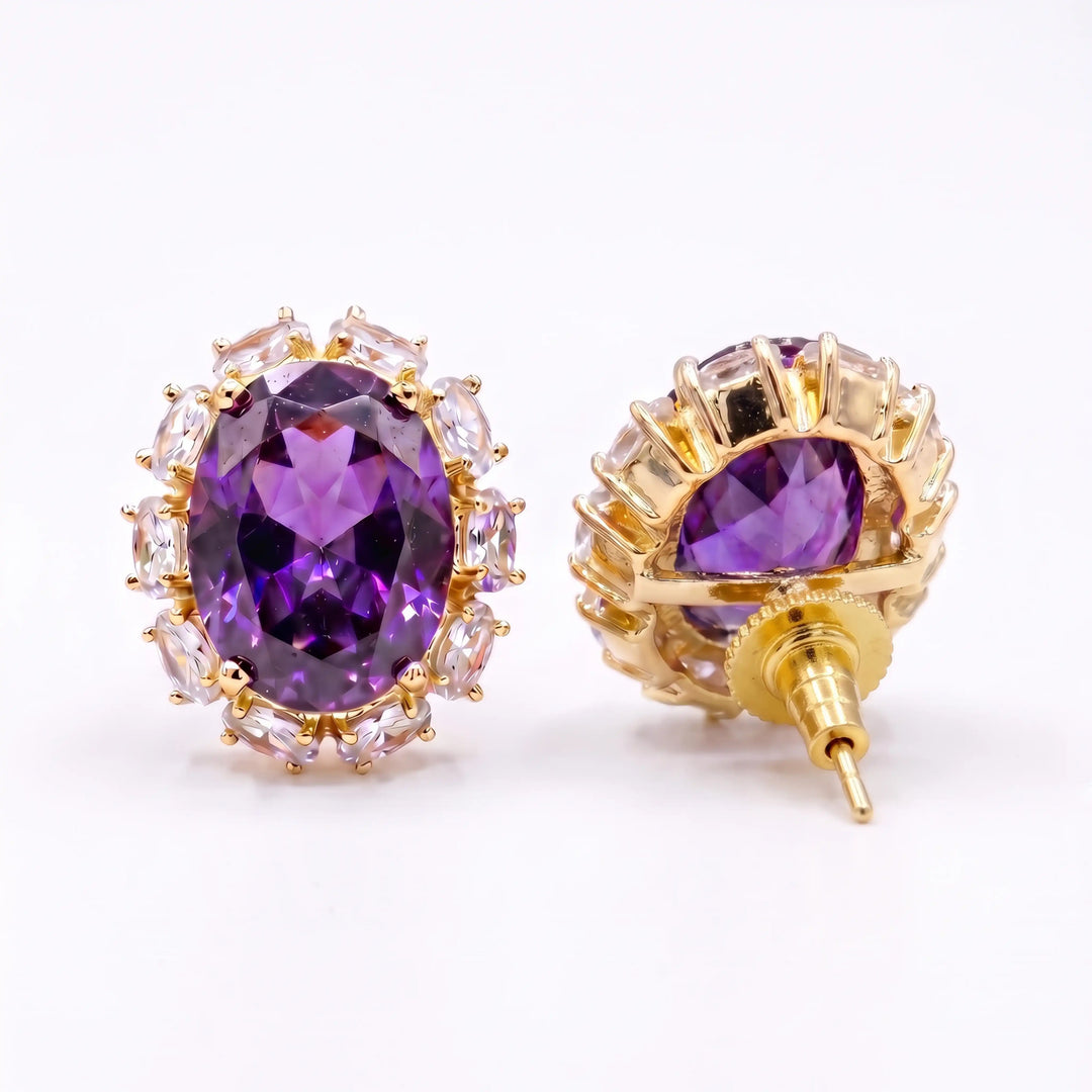 Rouge Oval Crystal Halo Stud Earrings, Gold finish