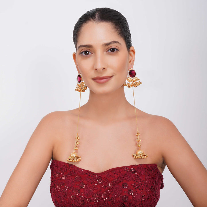 Ayra Royal Red Stone Long Jhumka Earrings