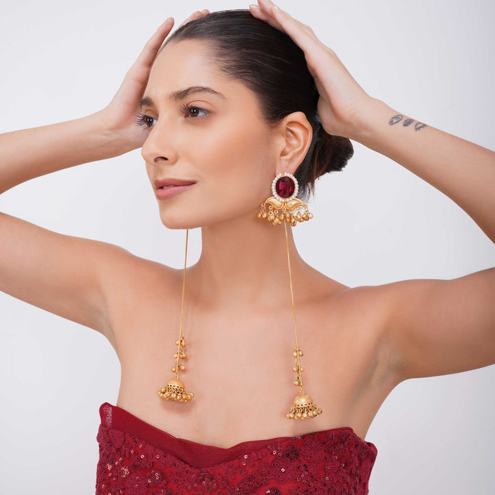 Ayra Royal Red Stone Long Jhumka Earrings
