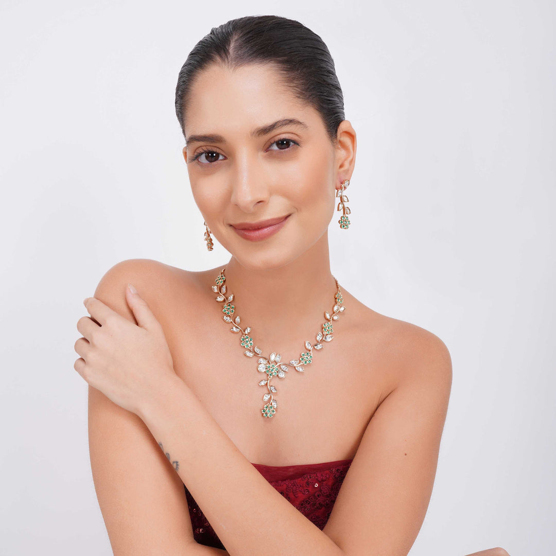 Hiba Delicate Polki Elegance Green & White CZ Necklace Set