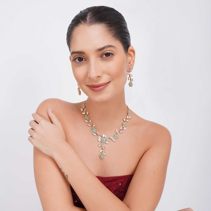 Hiba Delicate Polki Elegance Green & White CZ Necklace Set