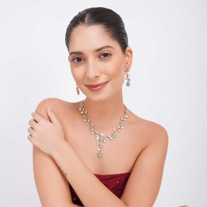 Hiba Delicate Polki Elegance Green & White CZ Necklace Set