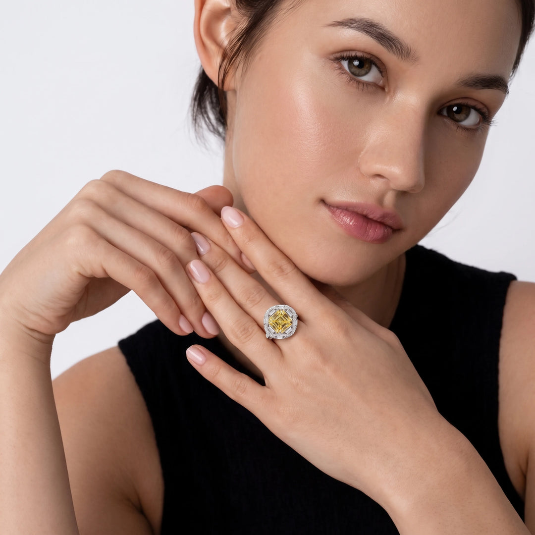 Yellow crystal cocktail ring for women, adjustable - RANGREZ (view 4)