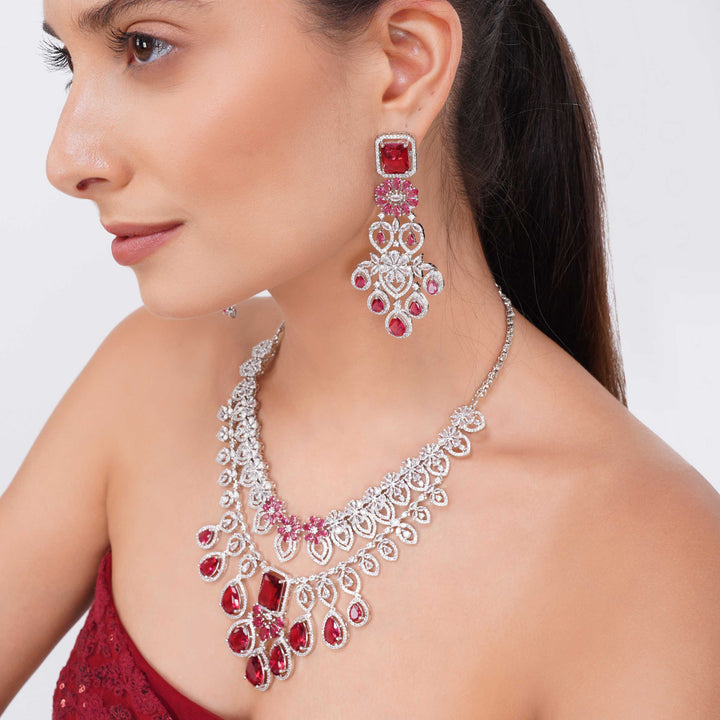 Ruby Russian Cut Rhodium Plated Necklace Set