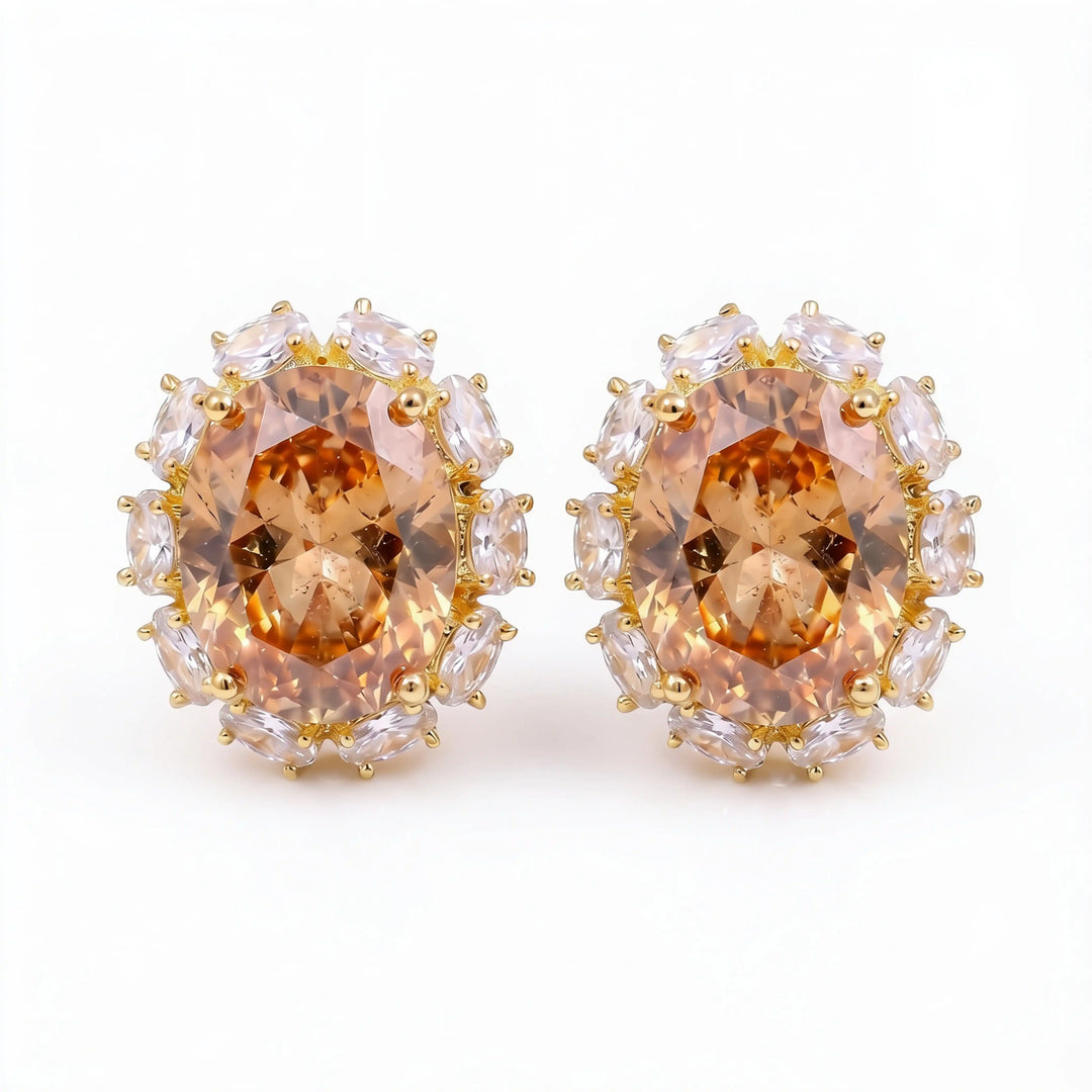 Rouge Oval Crystal Halo Stud Earrings, Gold finish