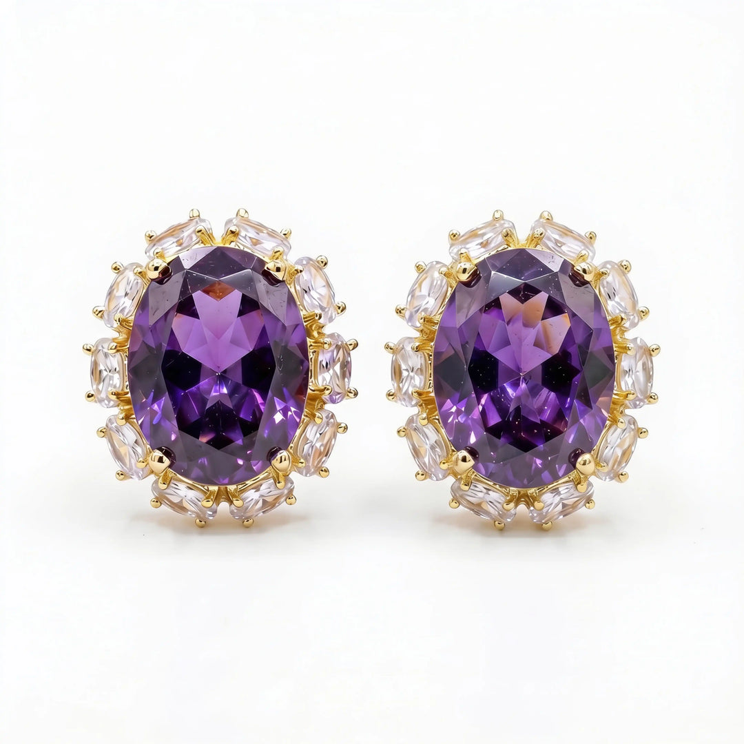 Rouge Oval Crystal Halo Stud Earrings, Gold finish