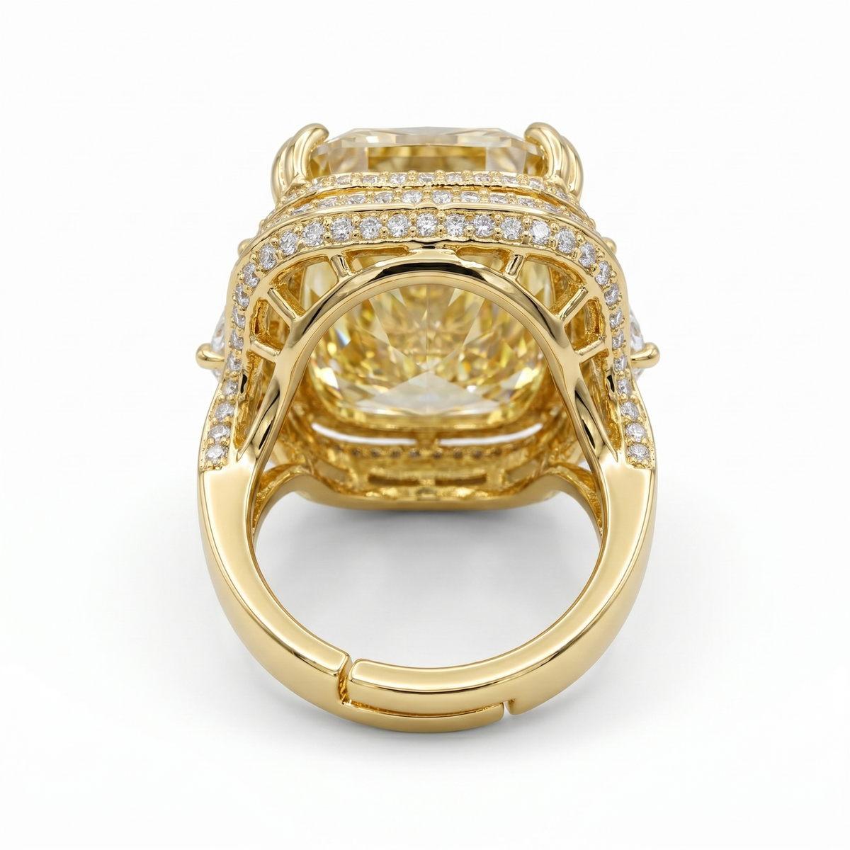 Crystal Cushion Cut Double Halo Statement Cocktail Ring, Gold finish