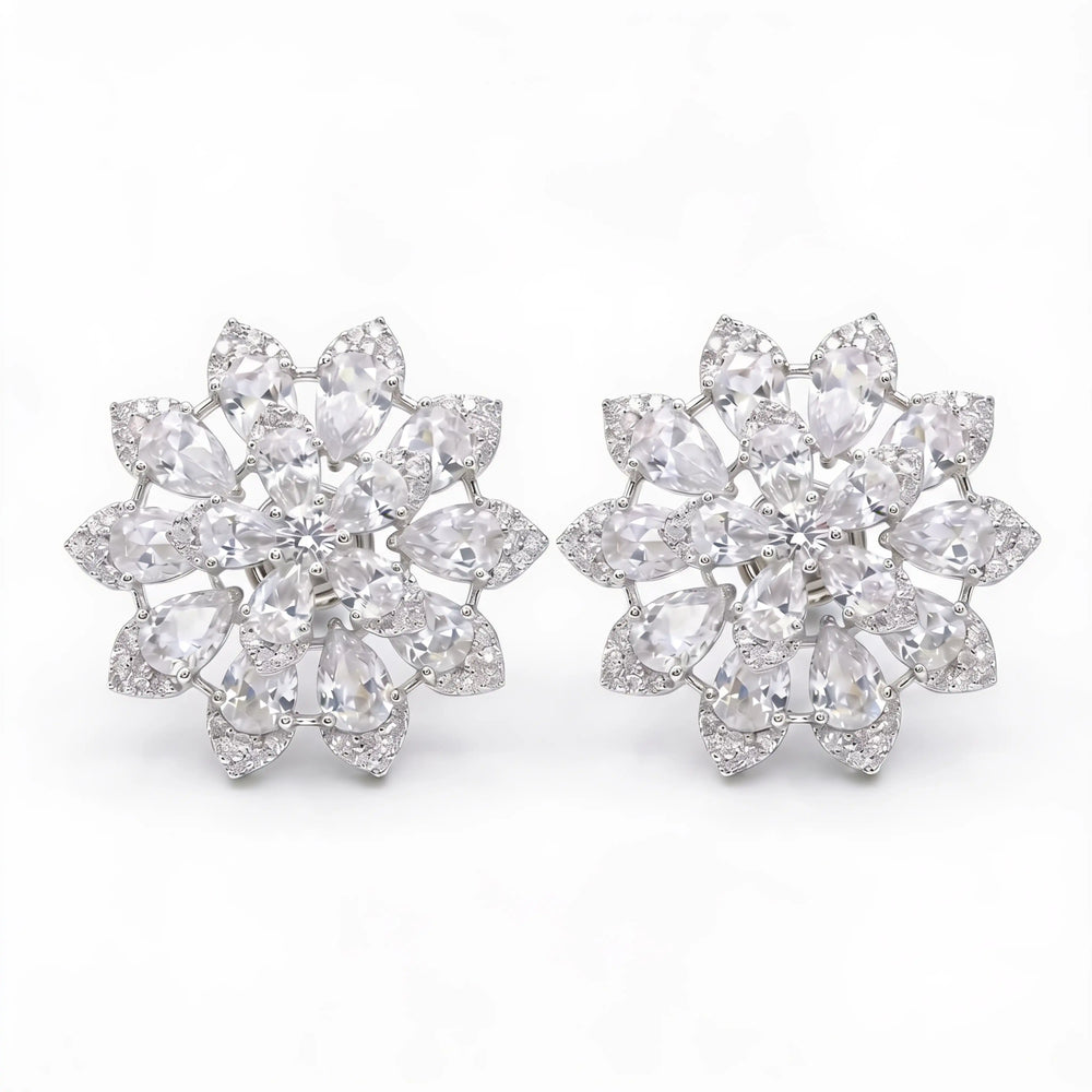 White Crystal Pear Cluster Flower Stud Earrings, Rhodium finish