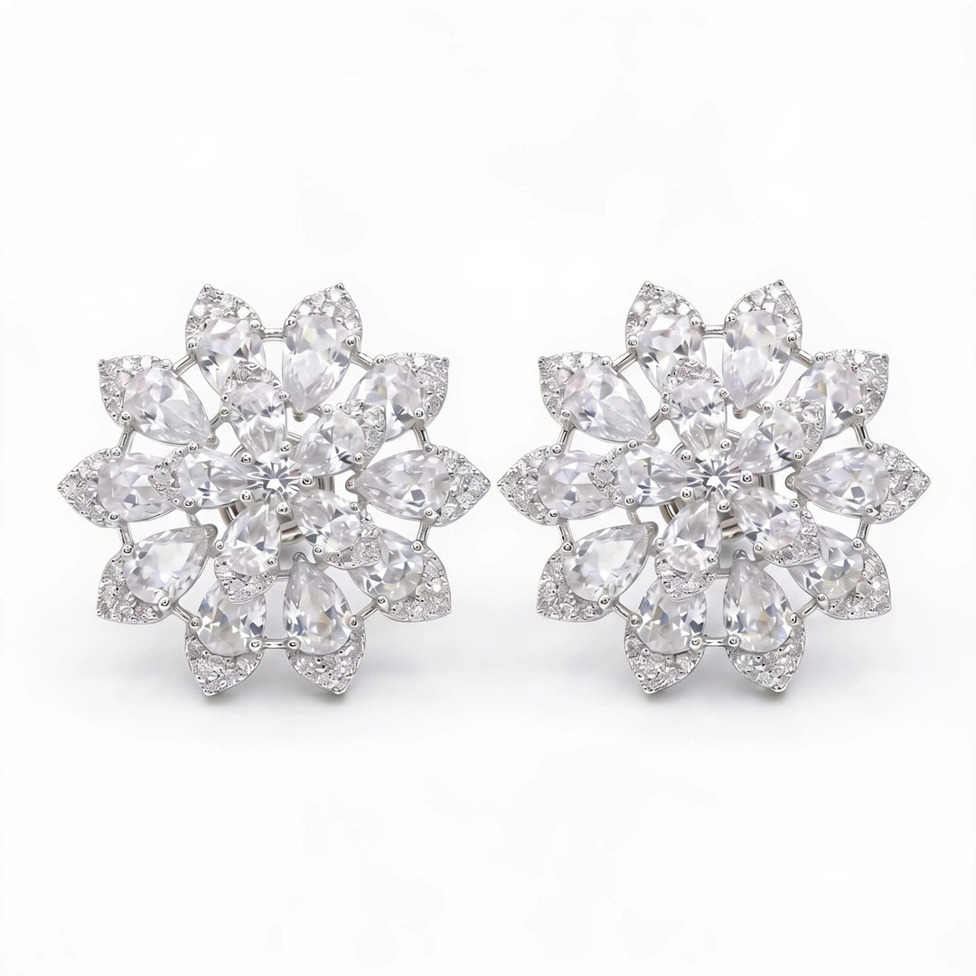 White Crystal Pear Cluster Flower Stud Earrings, Rhodium finish