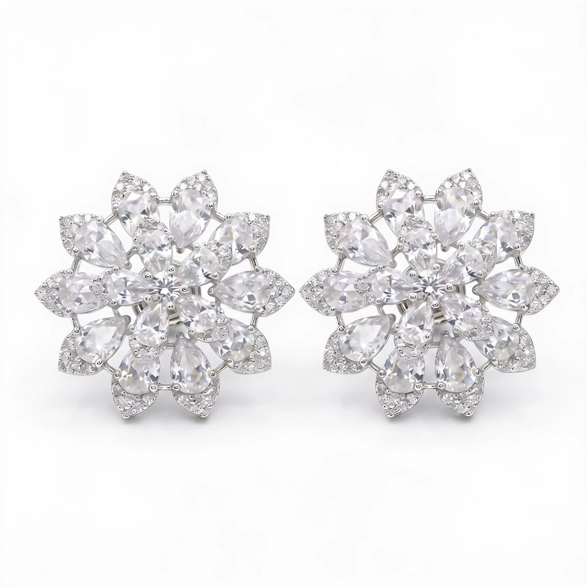 White Crystal Pear Cluster Flower Stud Earrings, Rhodium finish