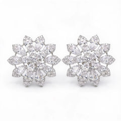 White Crystal Pear Cluster Flower Stud Earrings, Rhodium finish