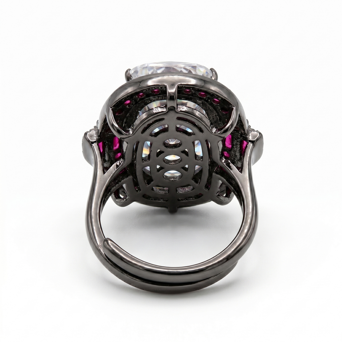 Cadence White Crystal Oval Cocktail Ring with Ruby Halo, Black Rhodium finish