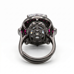 Cadence White Crystal Oval Cocktail Ring with Ruby Halo, Black Rhodium finish