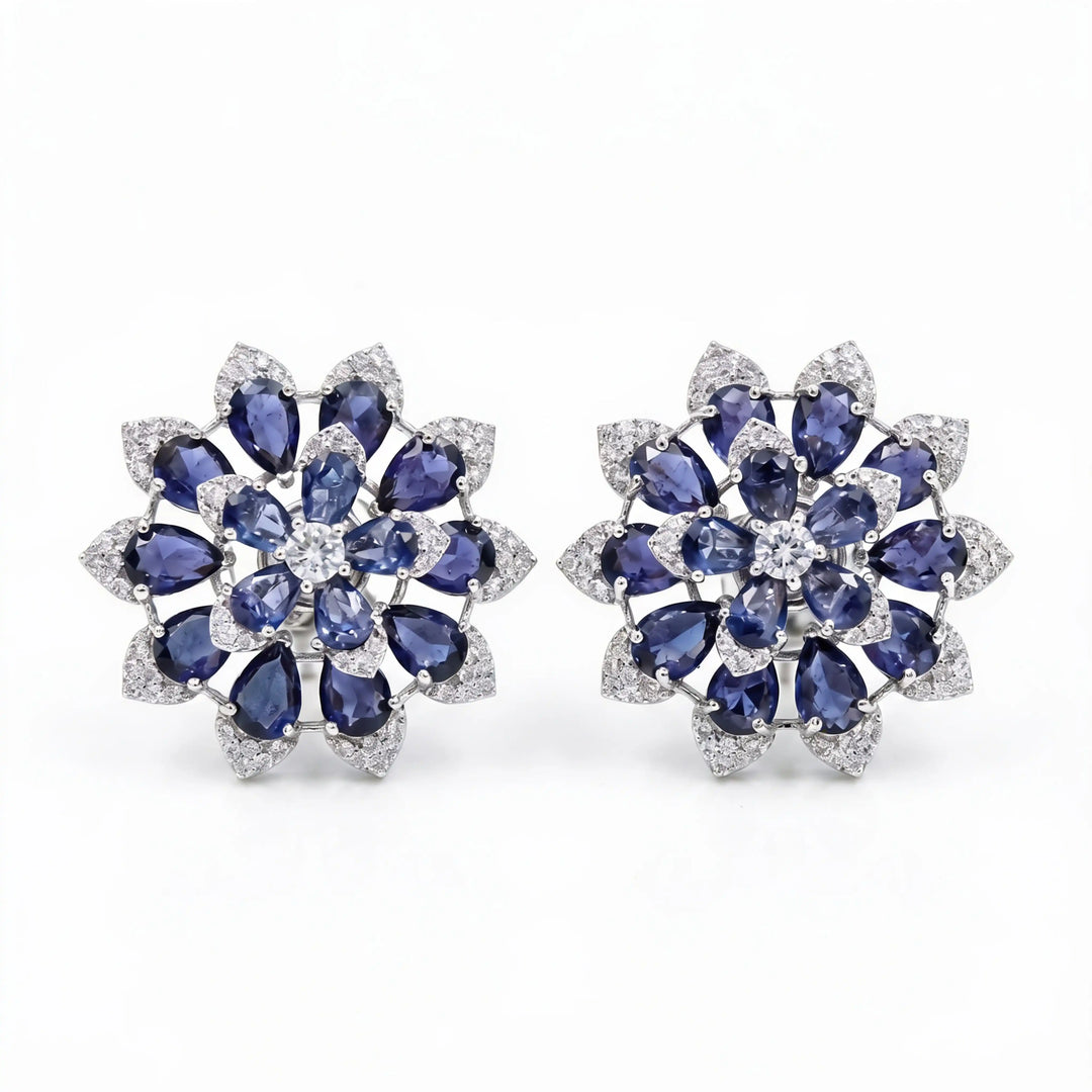 White Crystal Pear Cluster Flower Stud Earrings, Rhodium finish