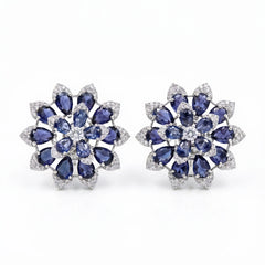 White Crystal Pear Cluster Flower Stud Earrings, Rhodium finish