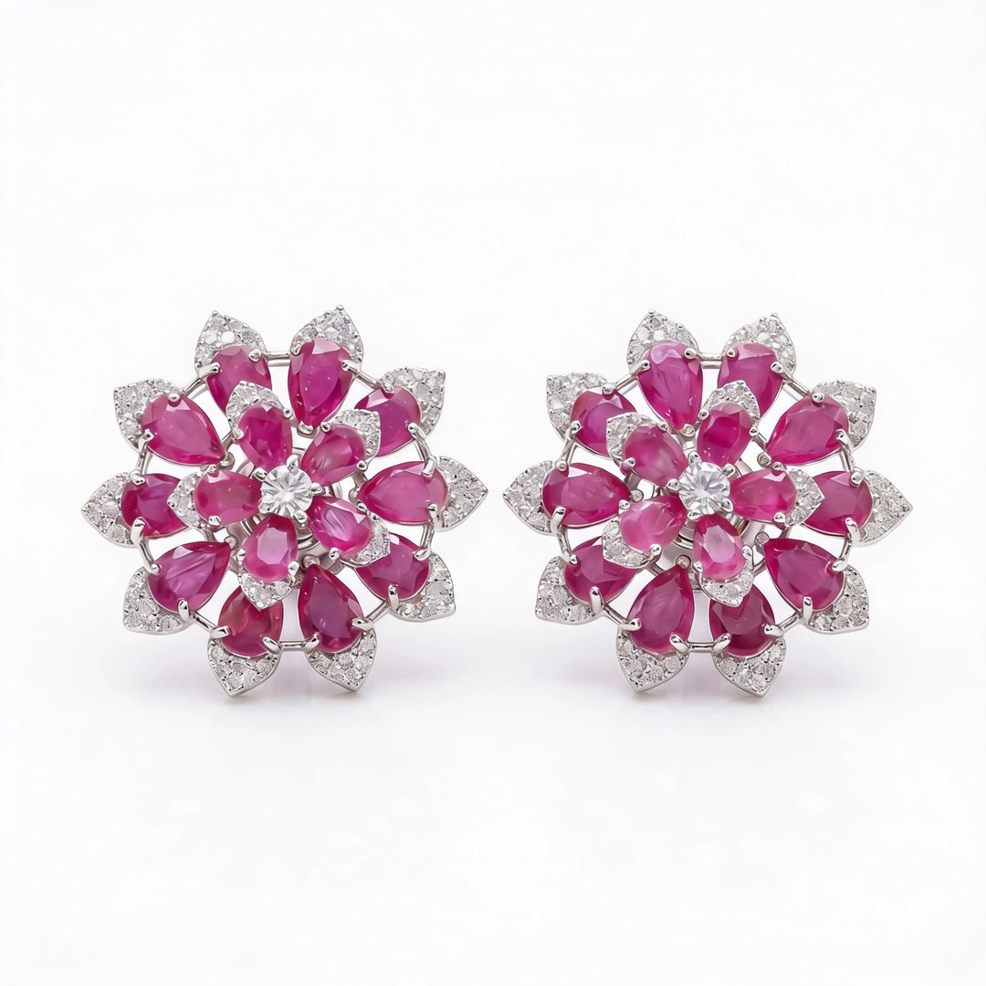 White Crystal Pear Cluster Flower Stud Earrings, Rhodium finish
