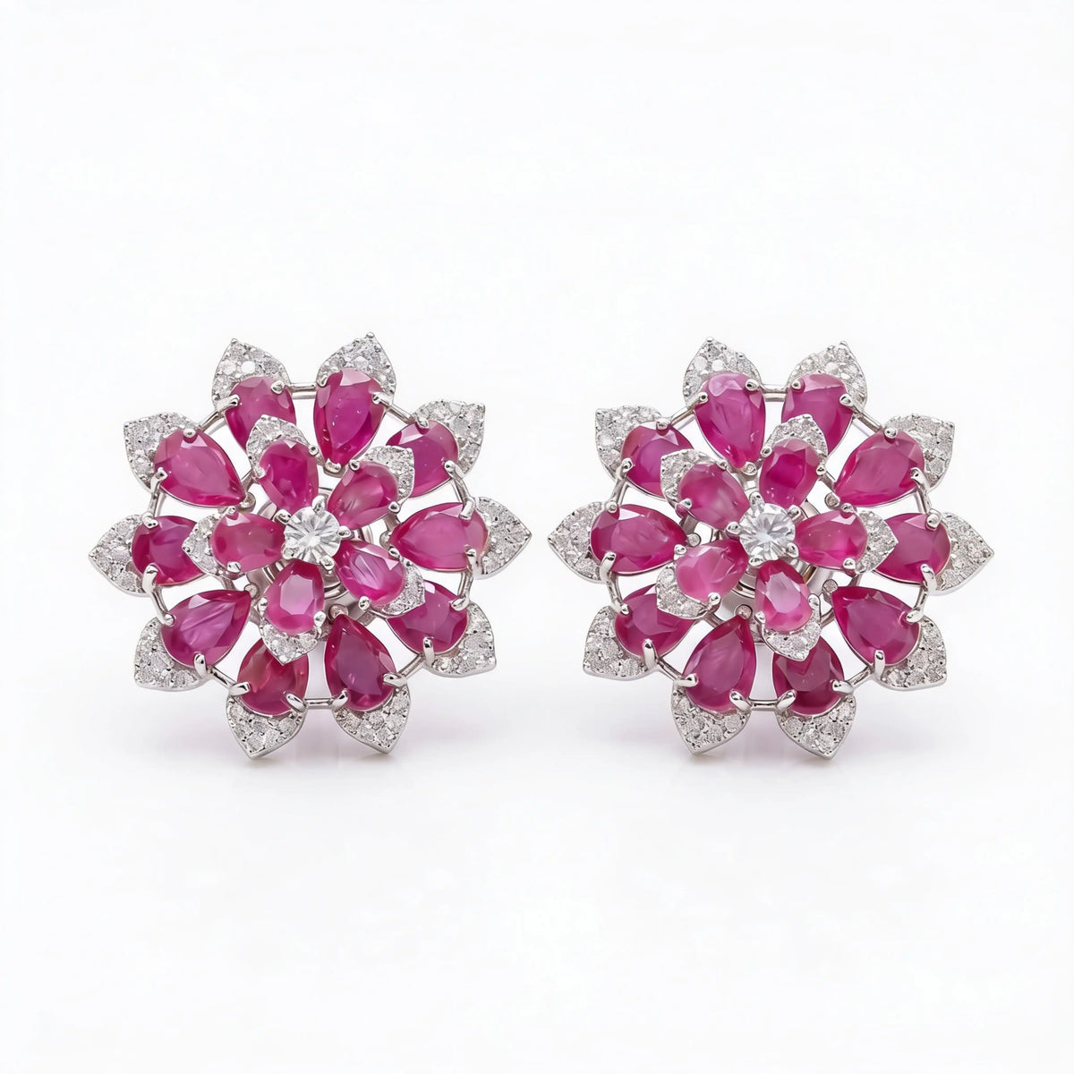 White Crystal Pear Cluster Flower Stud Earrings, Rhodium finish