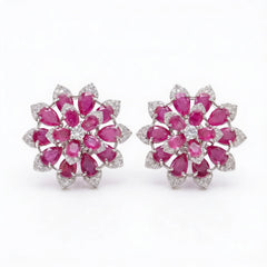 White Crystal Pear Cluster Flower Stud Earrings, Rhodium finish
