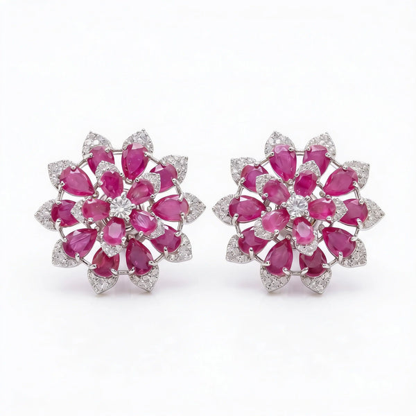 White Crystal Pear Cluster Flower Stud Earrings, Rhodium finish