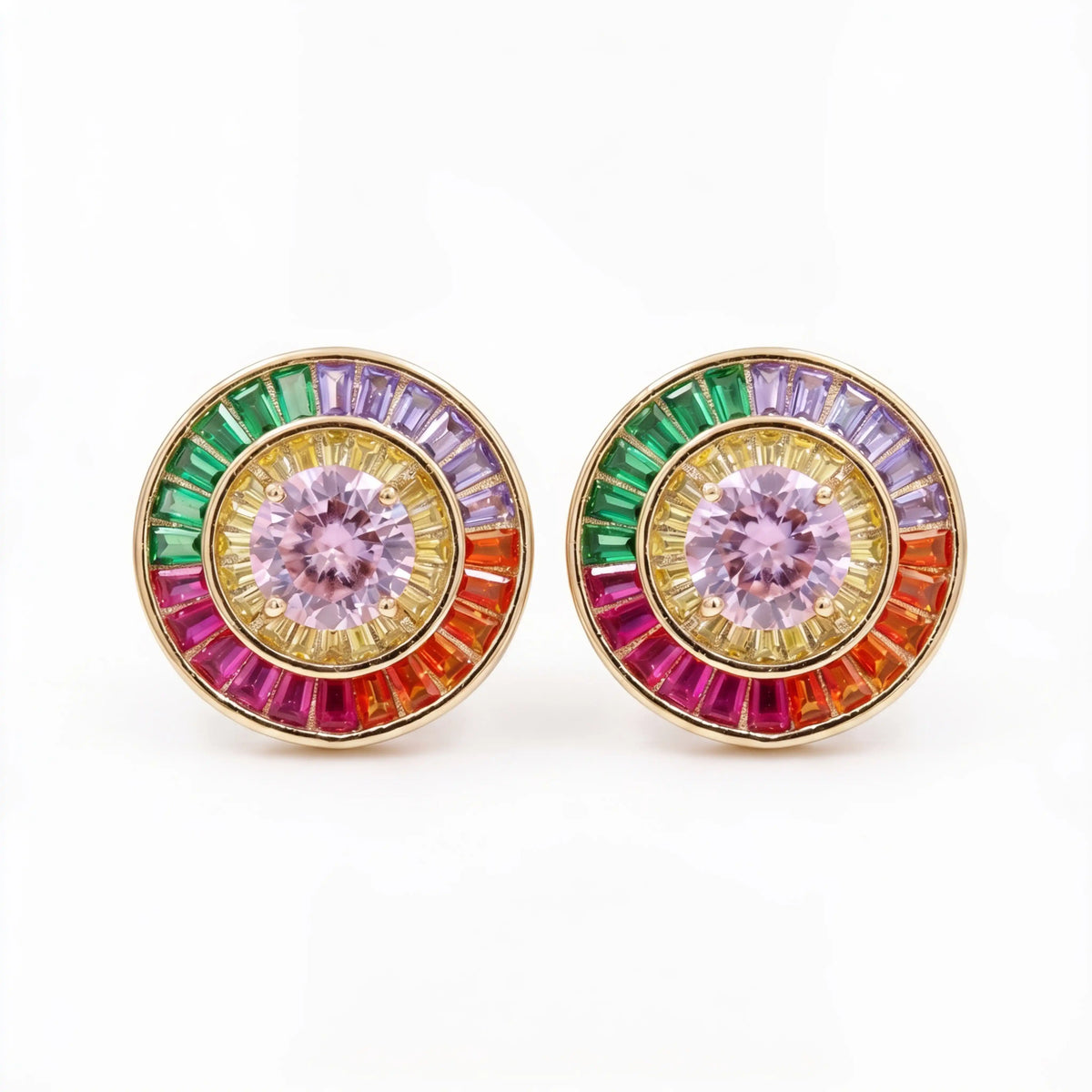 Orbis Multicolour Crystal Round Halo Stud Earrings, Gold finish