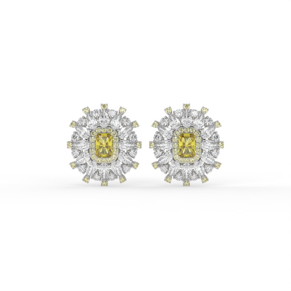 Starburst Helia yellow crystal emerald-cut halo stud earrings for women, rhodium finish - RANGREZ (view 2)