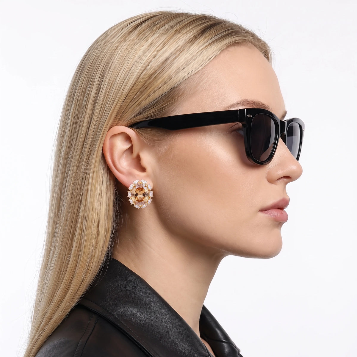 Rouge Oval Crystal Halo Stud Earrings, Gold finish