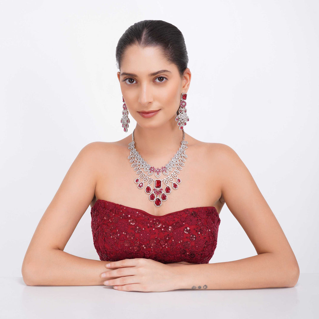 Ruby Russian Cut Rhodium Plated Necklace Set
