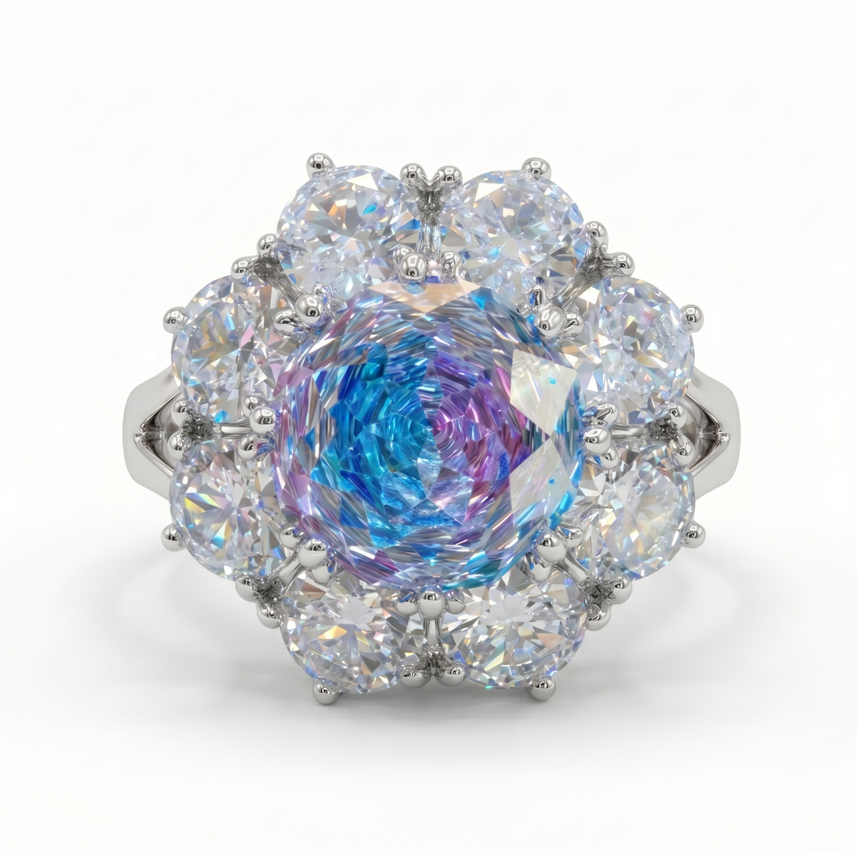 Aurora Crystal Cushion Halo Cocktail Ring, Rhodium finish