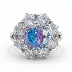 Aurora Crystal Cushion Halo Cocktail Ring, Rhodium finish