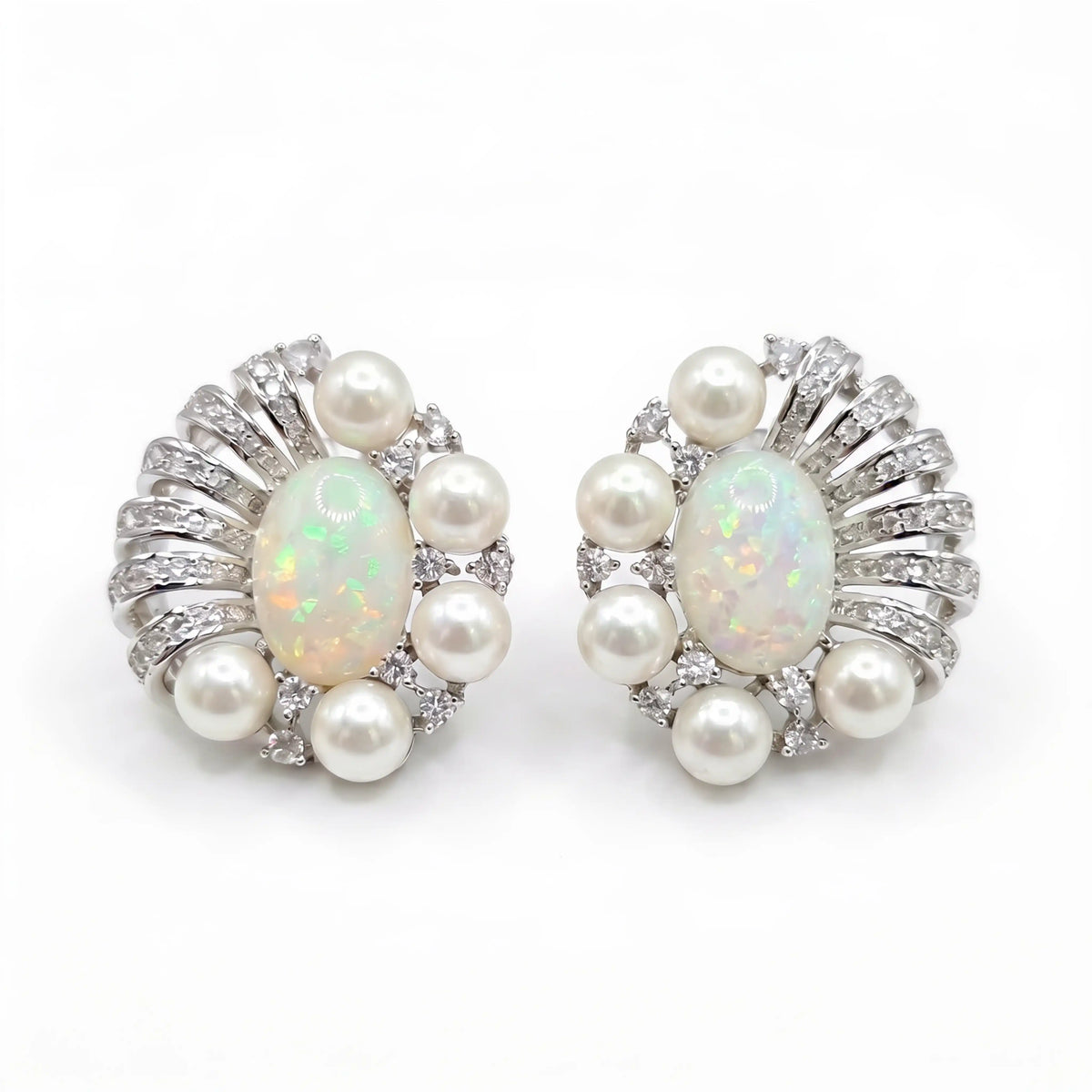 Opal & Pearl Cluster Stud Earrings