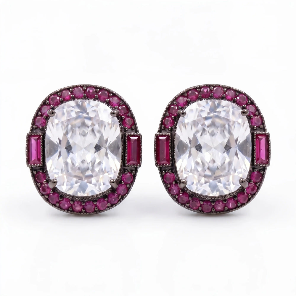 Cadence oval solitaire ruby halo stud earrings for women, black rhodium finish - RANGREZ (view 2)