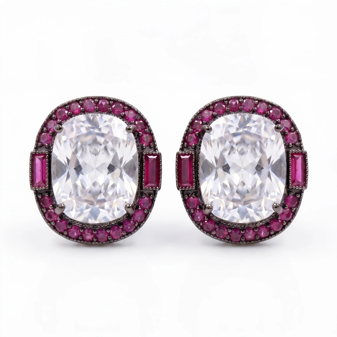 Oval Solitaire Ruby Halo Stud Earrings