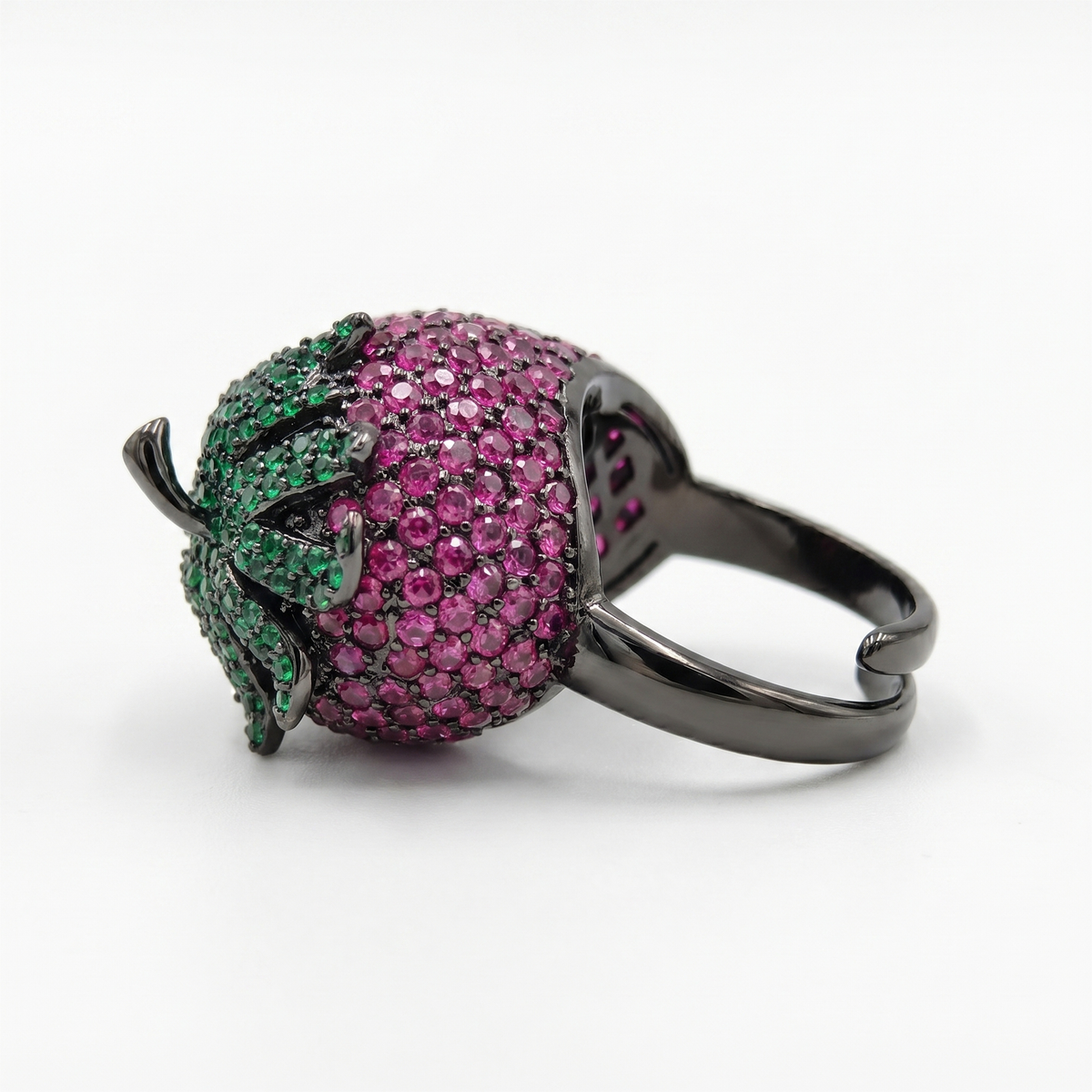 Botanica Pink & Green Crystal Strawberry Dome Cocktail Ring, Black Ruthenium  finish