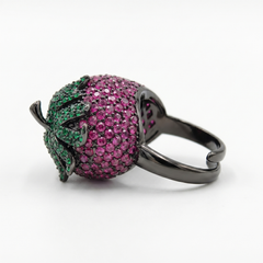 Botanica Pink & Green Crystal Strawberry Dome Cocktail Ring, Black Ruthenium  finish