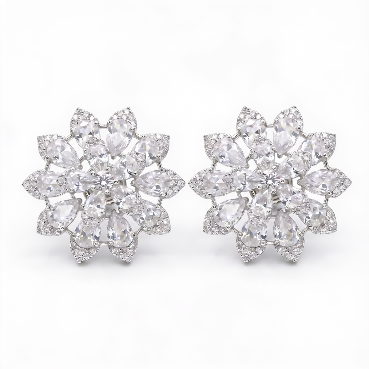 White Crystal Pear Cluster Flower Stud Earrings, Rhodium finish