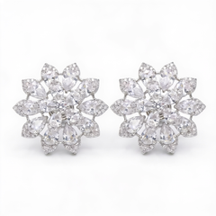White Crystal Pear Cluster Flower Stud Earrings, Rhodium finish