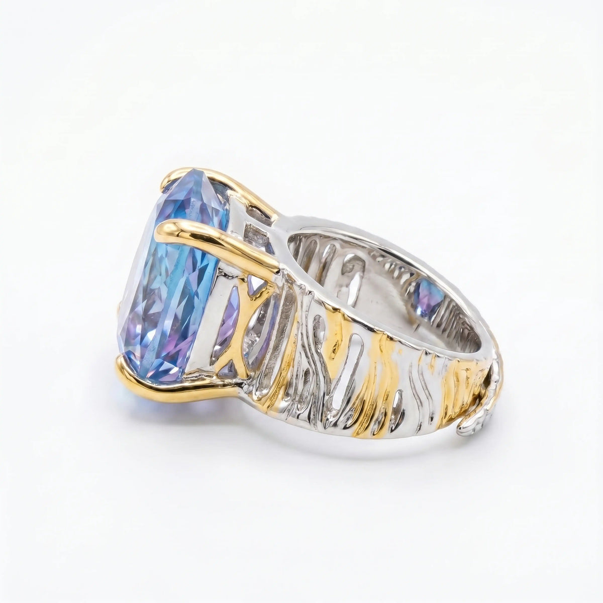 Canvas Crystal Emerald Cut Two-Tone Statement Cocktail Ring, Gold &amp; Rhodium finish