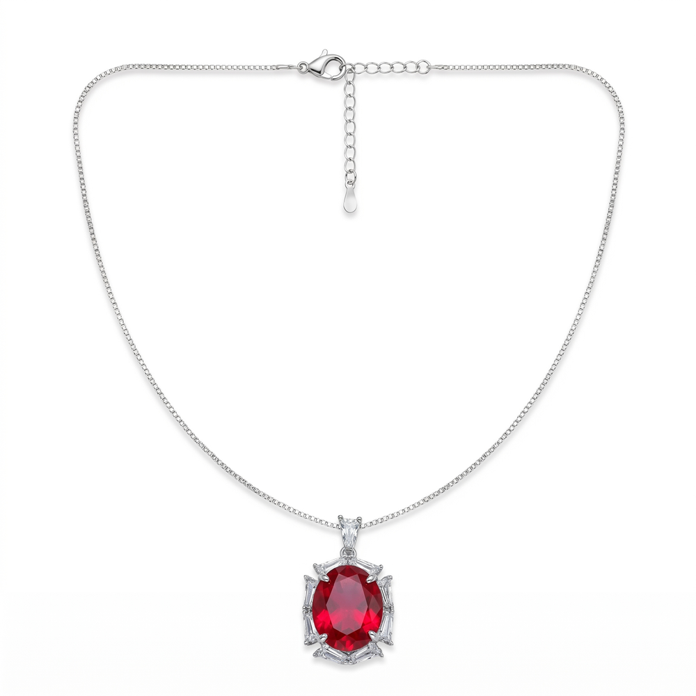 Noctis Rhodium Plated Red Ruby CZ Oval Pendant Necklace
