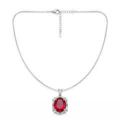 Noctis Rhodium Plated Red Ruby CZ Oval Pendant Necklace