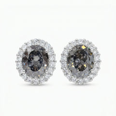 Diana Grey Crystal Oval Halo Stud Earrings, Rhodium finish
