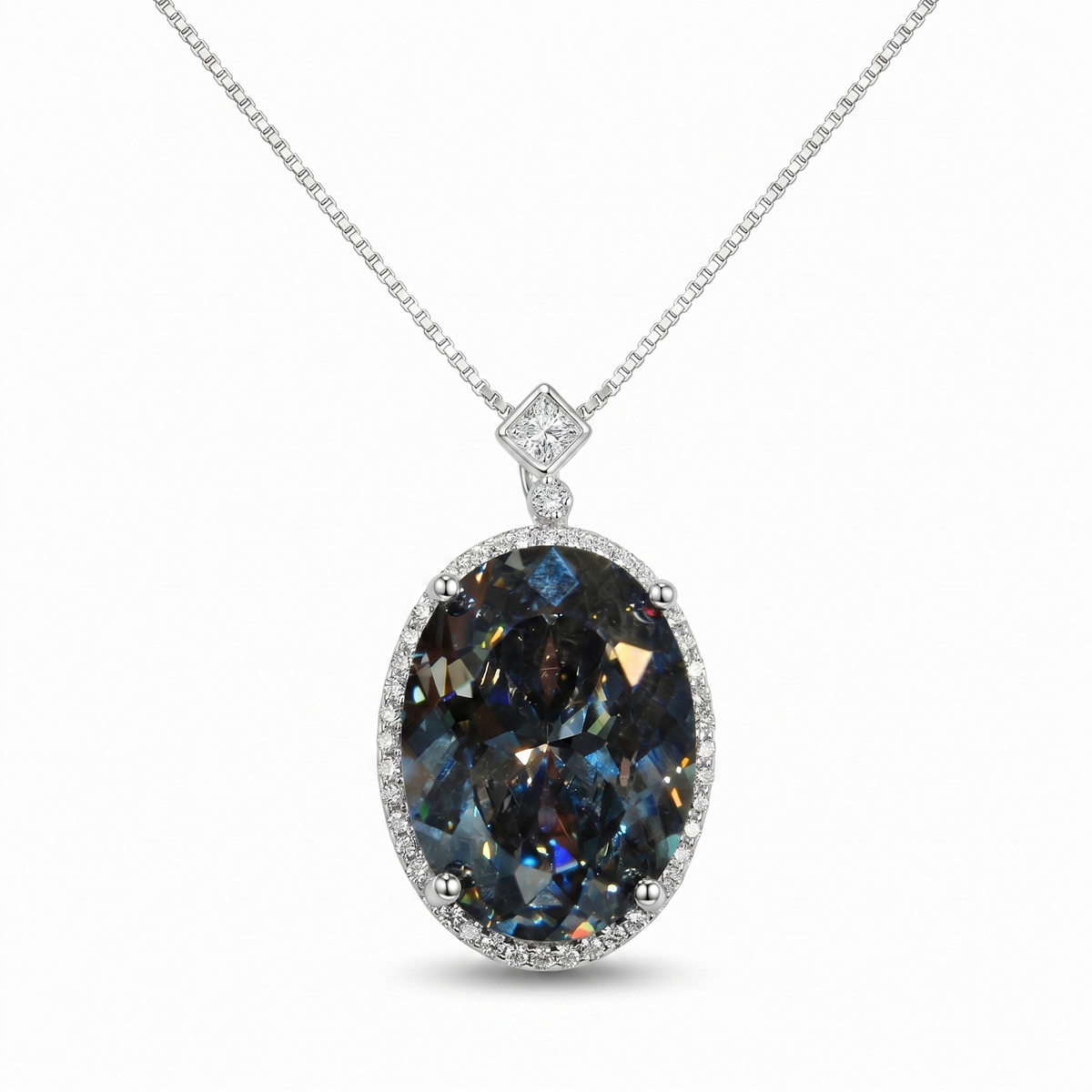Diana Grey Crystal Oval Halo Pendant Necklace, Rhodium finish