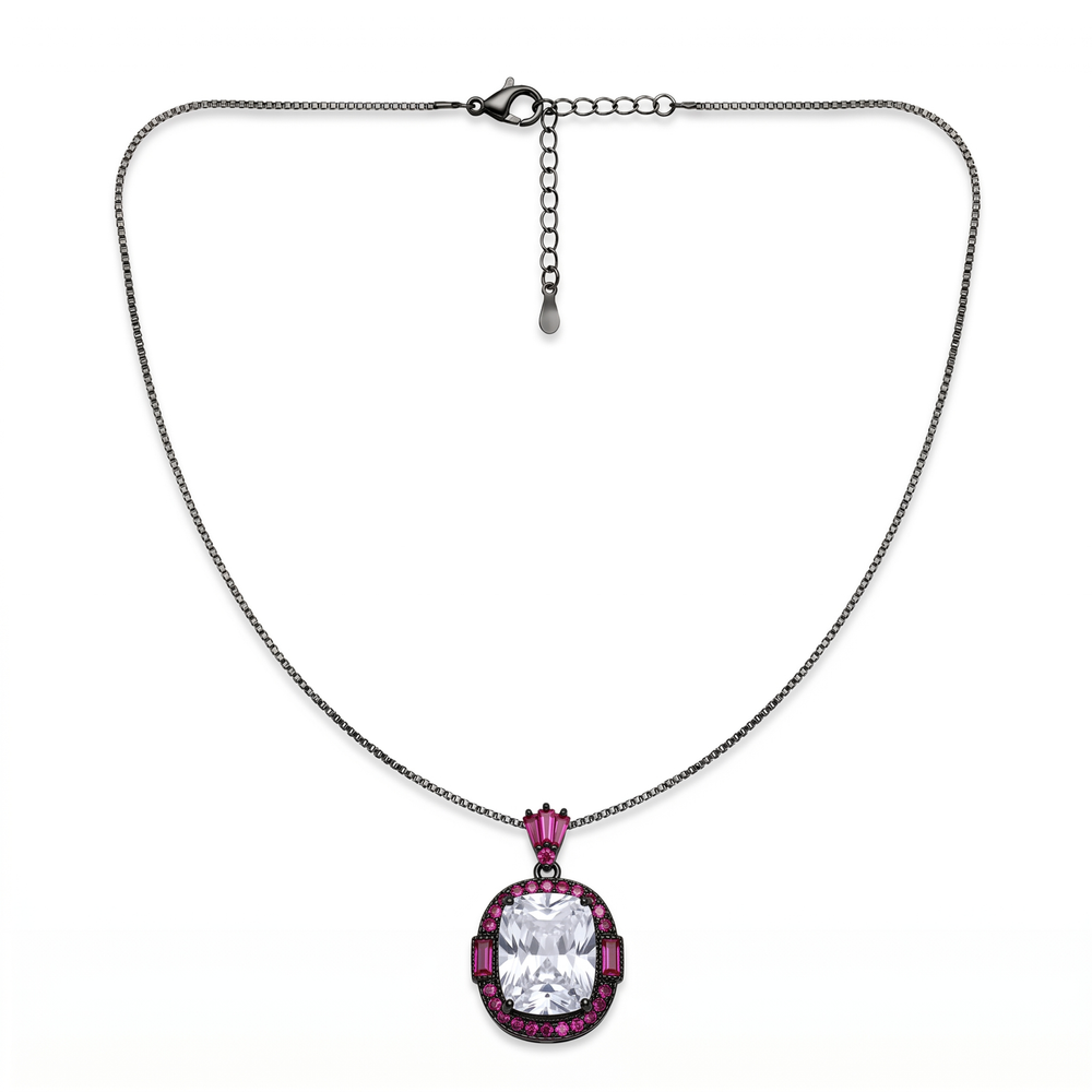 Cadence White & Pink Crystal Cushion Halo Pendant Necklace, Black Rhodium finish