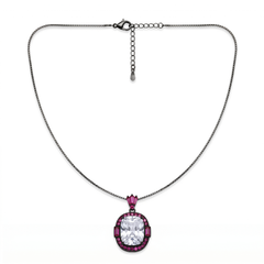 Cadence White & Pink Crystal Cushion Halo Pendant Necklace, Black Rhodium finish