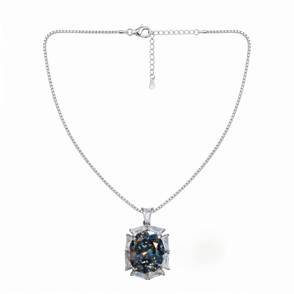 Grey crystal oval baguette halo pendant necklace for women, rhodium - RANGREZ