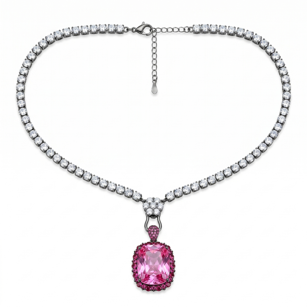 Rebecca Ruthenium Pink Crystal Cushion Pendant Tennis Necklace, Black Rhodium finish