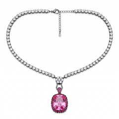 Rebecca Ruthenium Pink Crystal Cushion Pendant Tennis Necklace, Black Rhodium finish